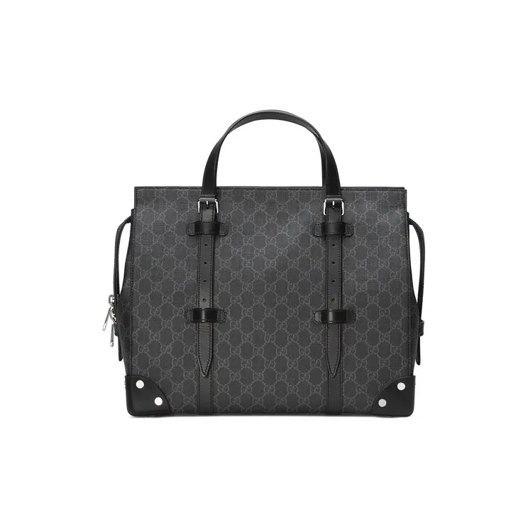 GUCCI GG Canvas With Leather Corner Covered Tactical Tote Bag Crossbody Bag, Handbag Medium Size Men's Black