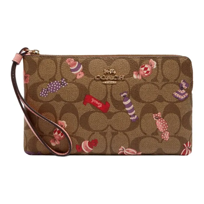 COACH Corner Zip Leather PVC Clutch Trumpets Women's Brown Monogram