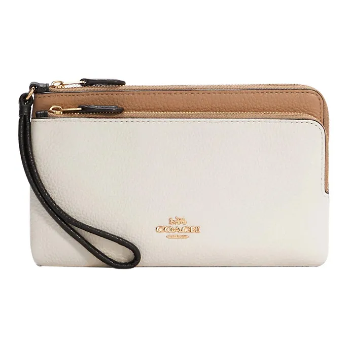 COACH Double Zip Wallet Pebbled Leather Wrist Clutch Wallet Trumpets Women's Milk Tea & White