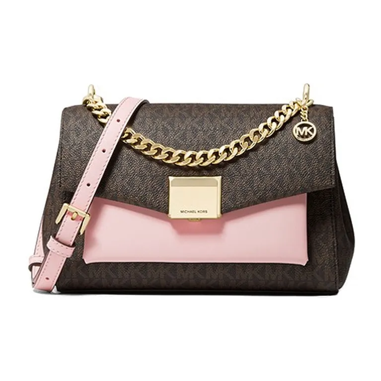 MICHAEL KORS Lita Золотой Тон Замок Двойной Layer С откидной крышкой Коммутирование Сумка через плечо Средний Женские Нежно-розовый Коричневый