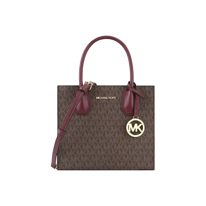 MICHAEL KORS Mercer Leather Trunk Bag, Shoulder Bag, Crossbody Bag, Handbag Medium Size Women's Dark Brown & Burgundy