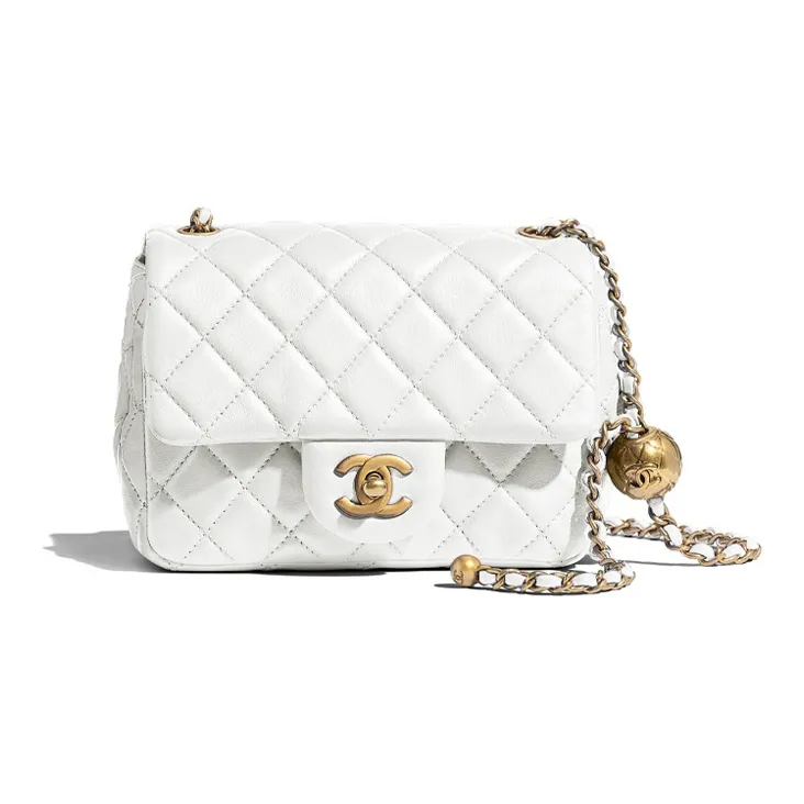 CHANEL Little Golden Ball Sheepskin Chain Bag, Crossbody Bag Women's White