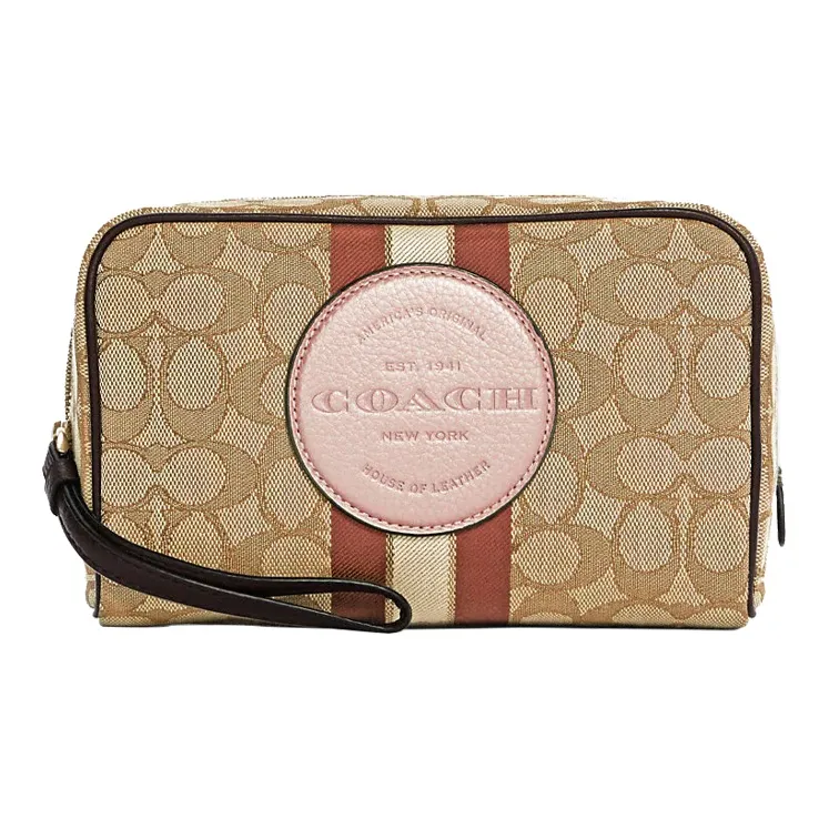 COACH Canvas With Leather Pochette Handheld Boxy Makeup Bag Trumpets Women's Dark Khaki & Pink