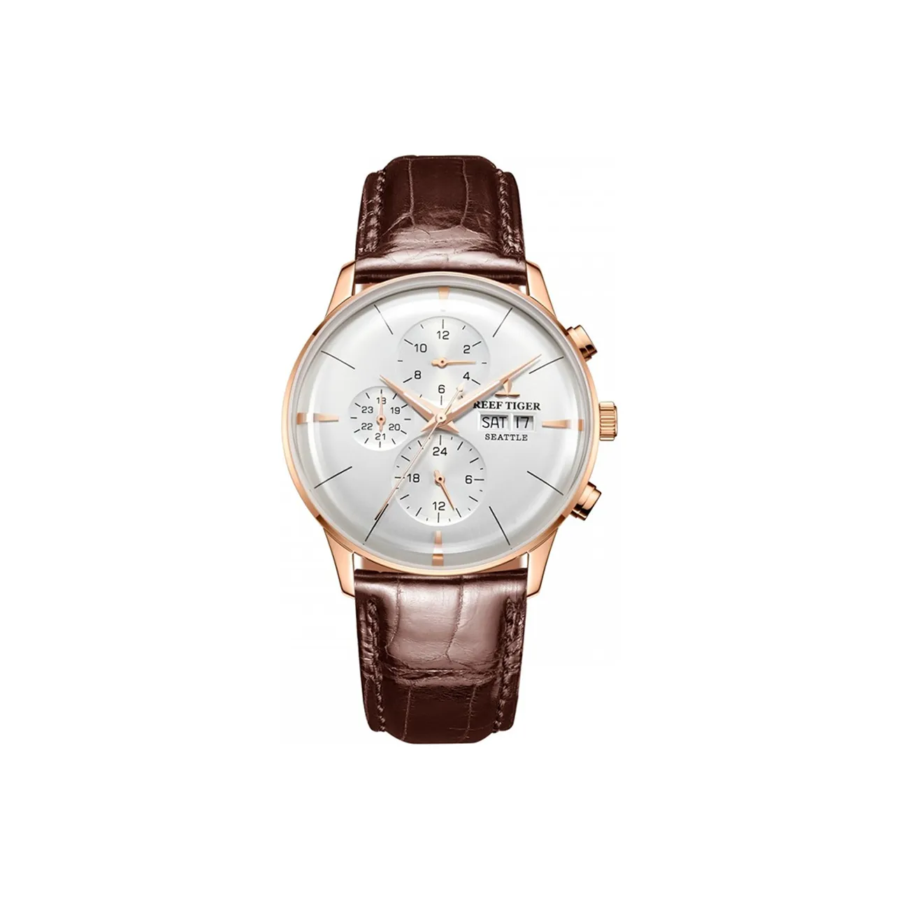 REEF TIGER Seattle Collection Mechanical Movement Genuine Leather Strap Watch Men's Watches White Dial