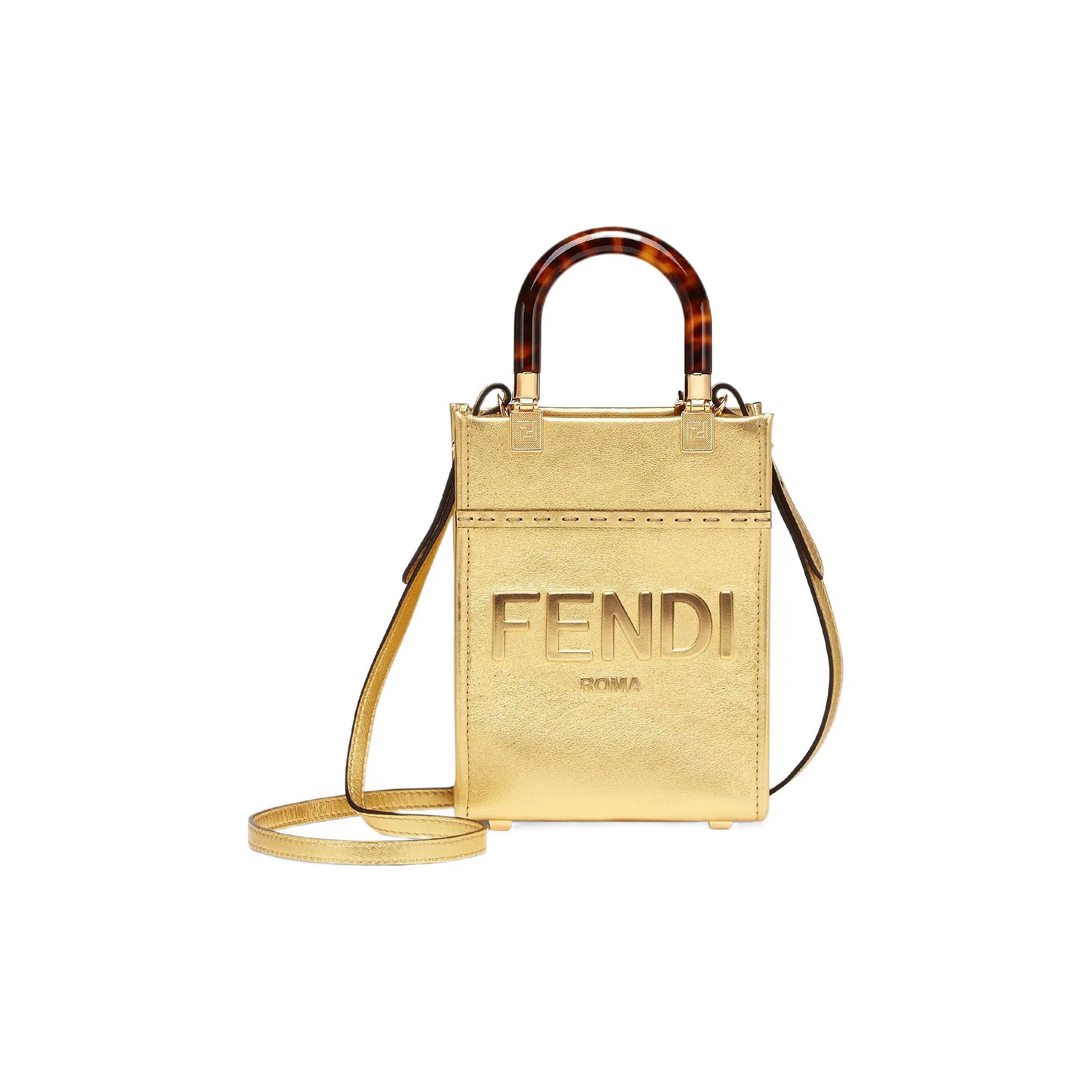FENDI Sunshine Leather Tote Bag Shopping Bag Shoulder Bag Crossbody Bag Handbag Mini Women's Gold