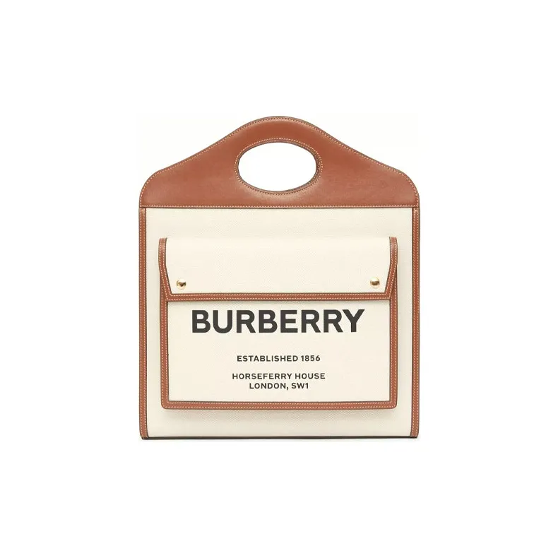 Burberry Medium Two Tone Canvas And Leather Pocket Bag Natural/Malt Brown