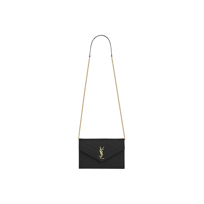 SAINT LAURENT ENVELOPE Quilted Grain Embossed Leather Envelope Bag Wallets Shoulder Bag Crossbody Bag Women
s Black