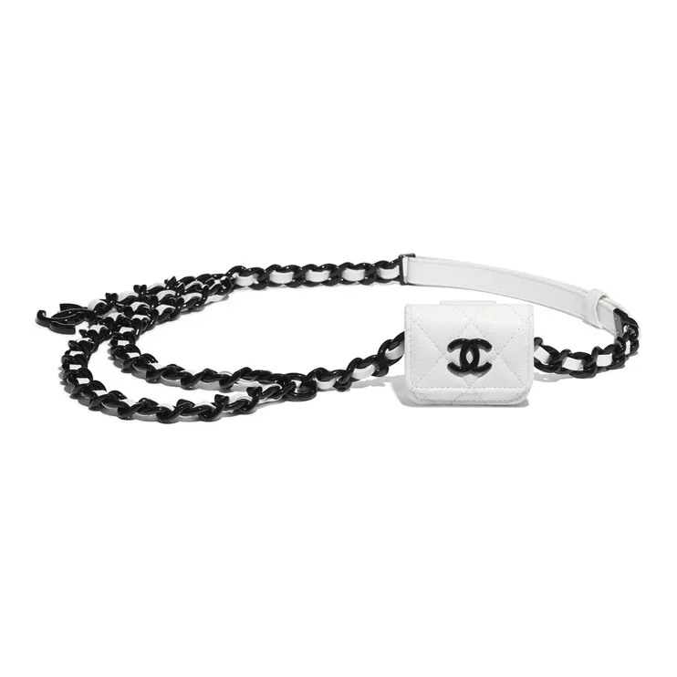 CHANEL Grain Calfskin And Metal Paint Fanny Pack Earphone Case Women's Black White