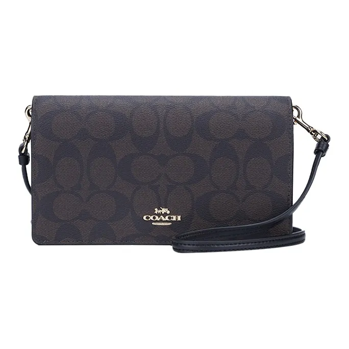 COACH Anna Canvas With Leather Flap Shoulder Bag Small Size Women's Dark Brown Monogram