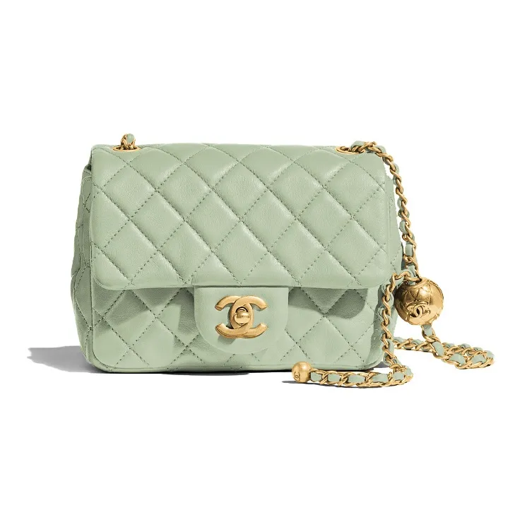 chanel Chic Cow Leather Mini Square Flap Bag, Gold Ball Bag, Shoulder Bag Women's Green