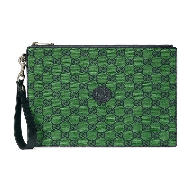 GUCCI Canvas With Leather Wristband Canvas Bag Clutch Unisex Green/Dark Blue