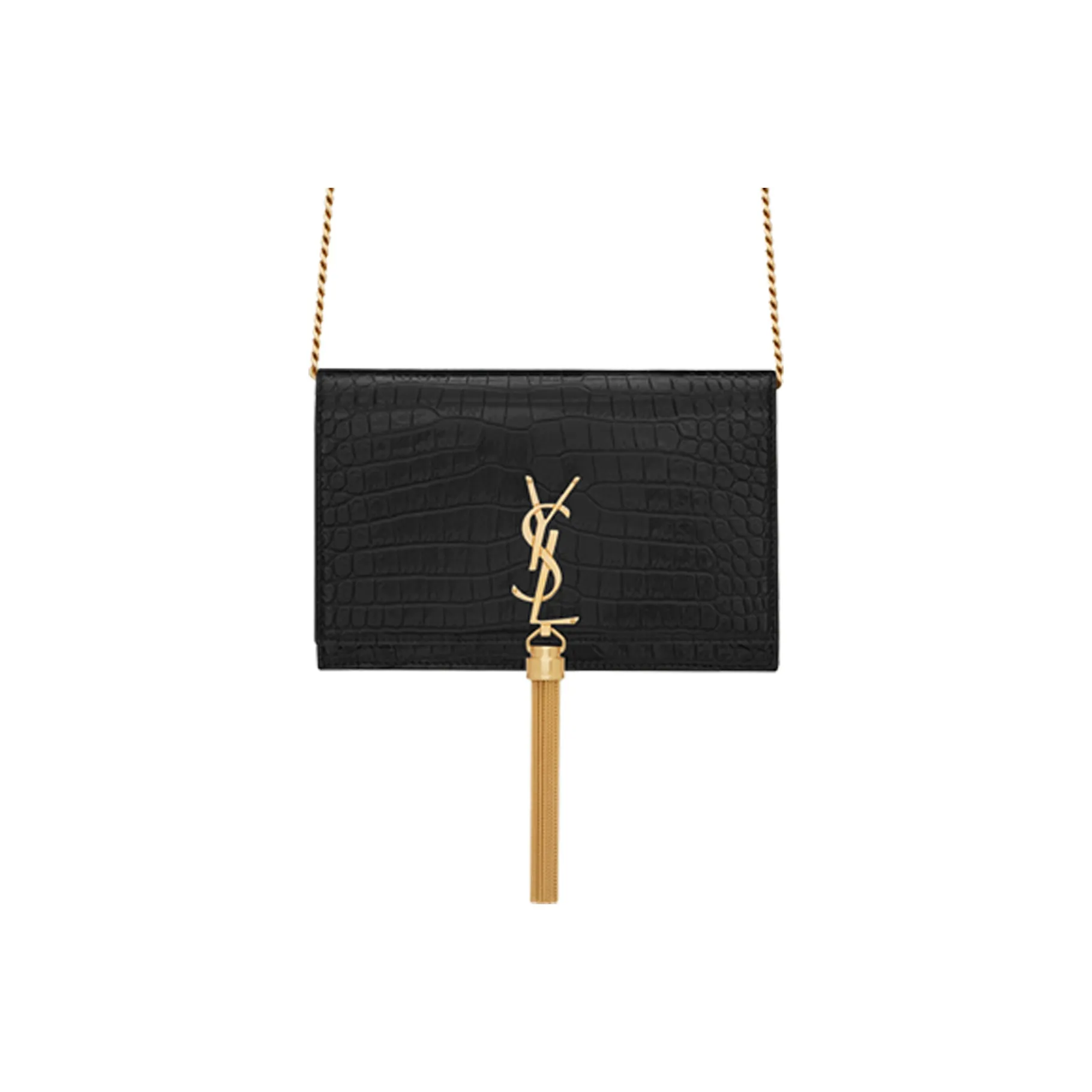 SAINT LAURENT KATE Shiny Cow Leather Wallet Fringe Crossbody Bag Shoulder Bag Women's Black