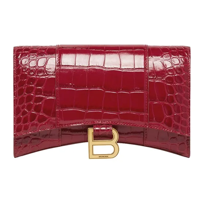 Balenciaga Hourglass Embossed Cow Leather Chain Strap Wallet Women's Dark Red