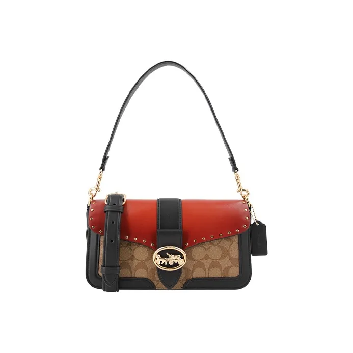 COACH Georgie Cow Leather God Of Wine Bag, Shoulder Bag, Portable Crossbody Bag Women's Red & Brown Monogram