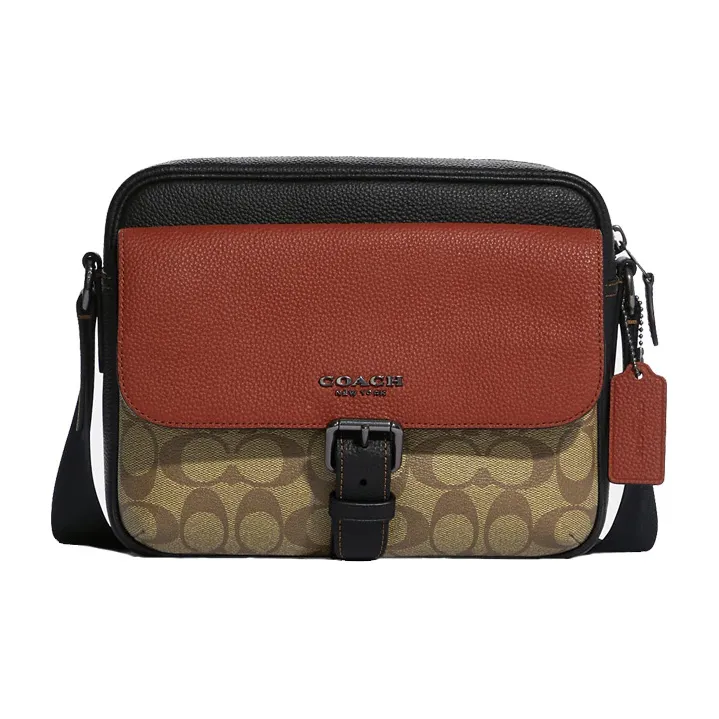 COACH Hudson Coated Canvas With Leather Crossbody Bag, Shoulder Bag Women's Brown & Red & Khaki