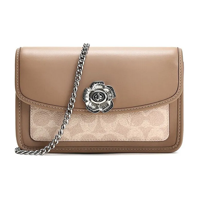 COACH Parker Canvas With Leather Chain Bag, Crossbody Bag, Shoulder Bag Women's Taupe Multicolor