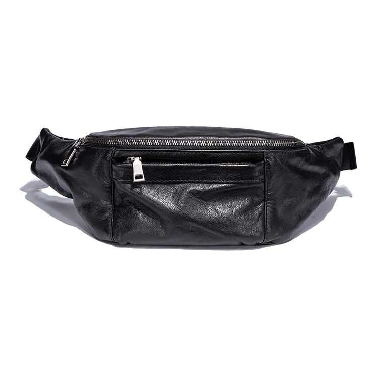 Ace Paul Genuine Leather Top Grain Cow Leather Crossbody Bags Fanny Pack Sling Bags Medium Size Unisex Black