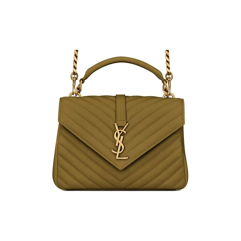 SAINT LAURENT College Quilting Leather Portable Crossbody Bag Shoulder Bag Medium Size Women's Olive Green