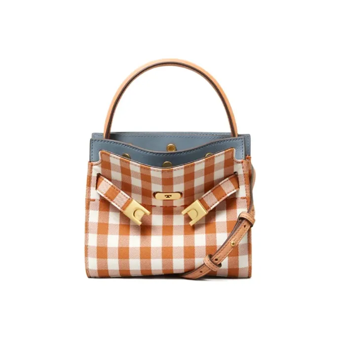 TORY BURCH Lee Radziwill Leather Shoulder Bag, Crossbody Bag, Handbag Trumpets Women's Orange White Plaid