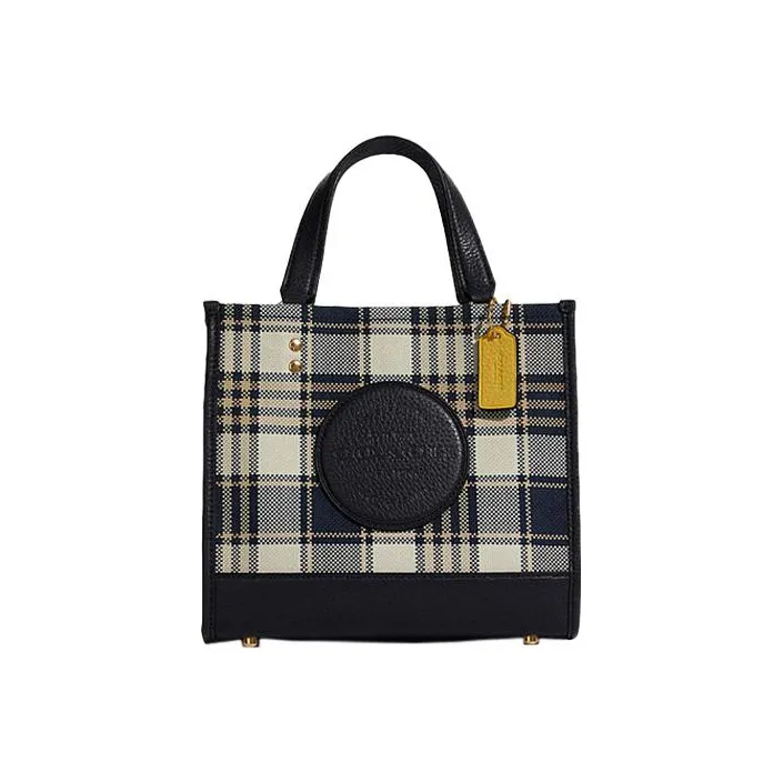 COACH Dempsey Fabric With Cow Leather Handbag Shoulder Bag Crossbody Bag Small Size Women's Dark Navy Blue Beige Plaid