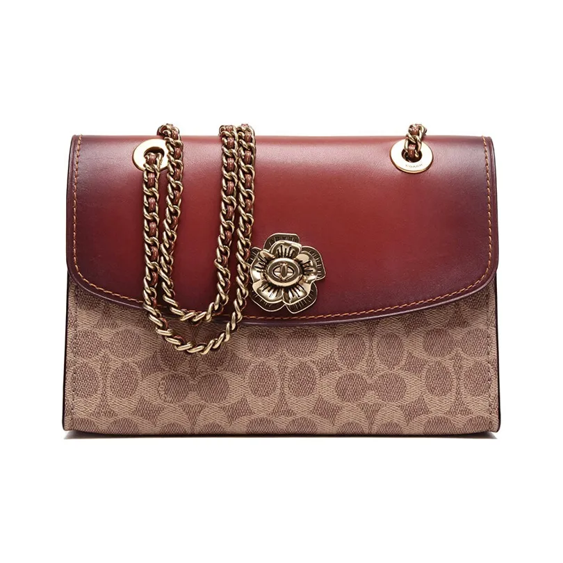 COACH Parker Coated Canvas With Calfskin Handbag, Shoulder Bag Women's Brown Yellow