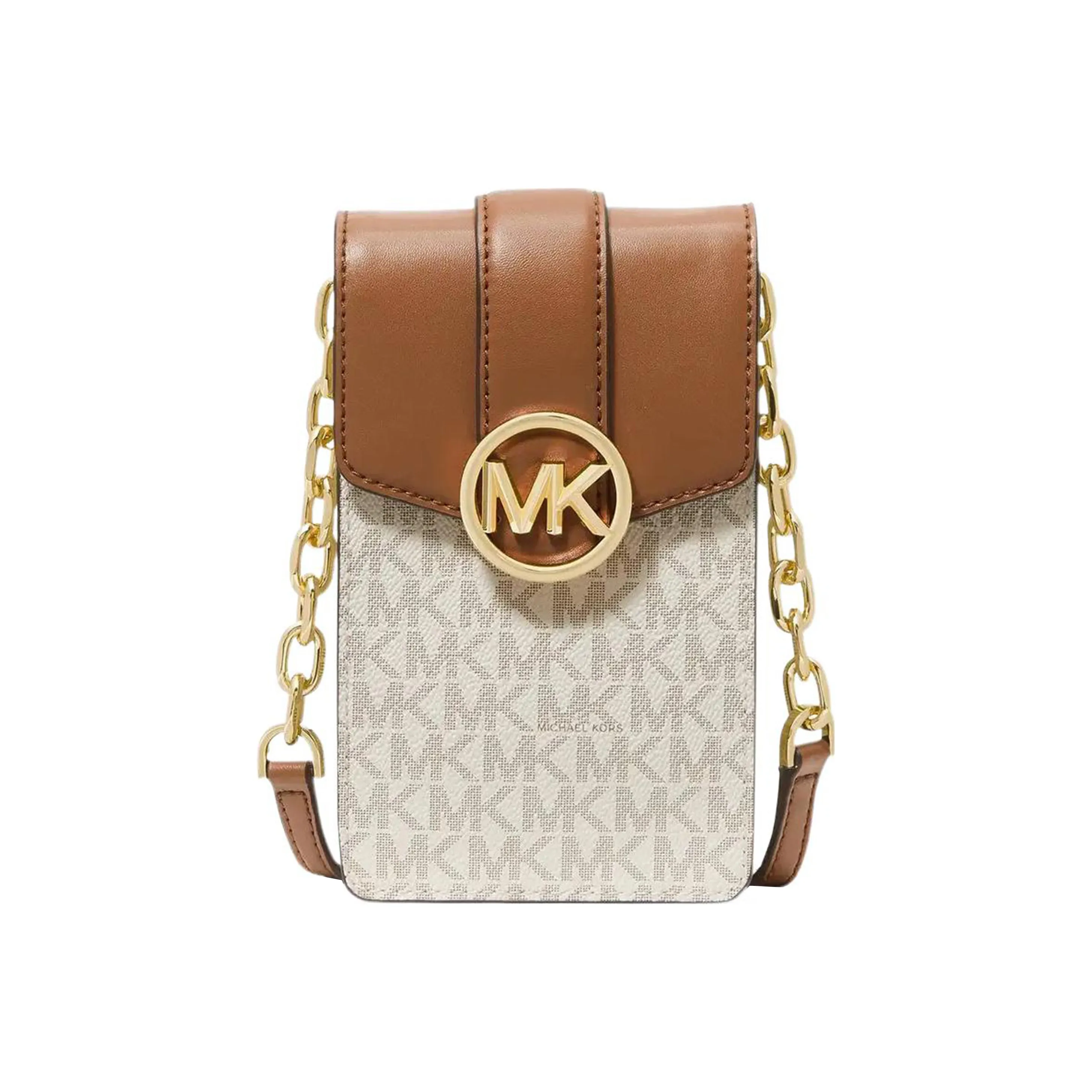 MICHAEL KORS Leather Card Holder Chain Bag With Cell Phone Pouch Women's Brown, Vanilla, White & Multicolor