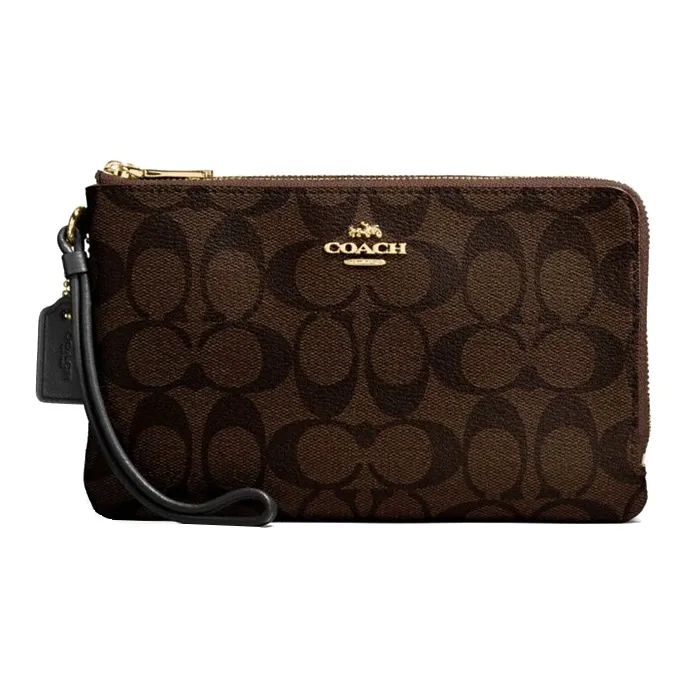 COACH Double Zip Wallet Canvas With Leather Handheld Wrist Bag Wallet Small Size Women's Dark Brown Monogram