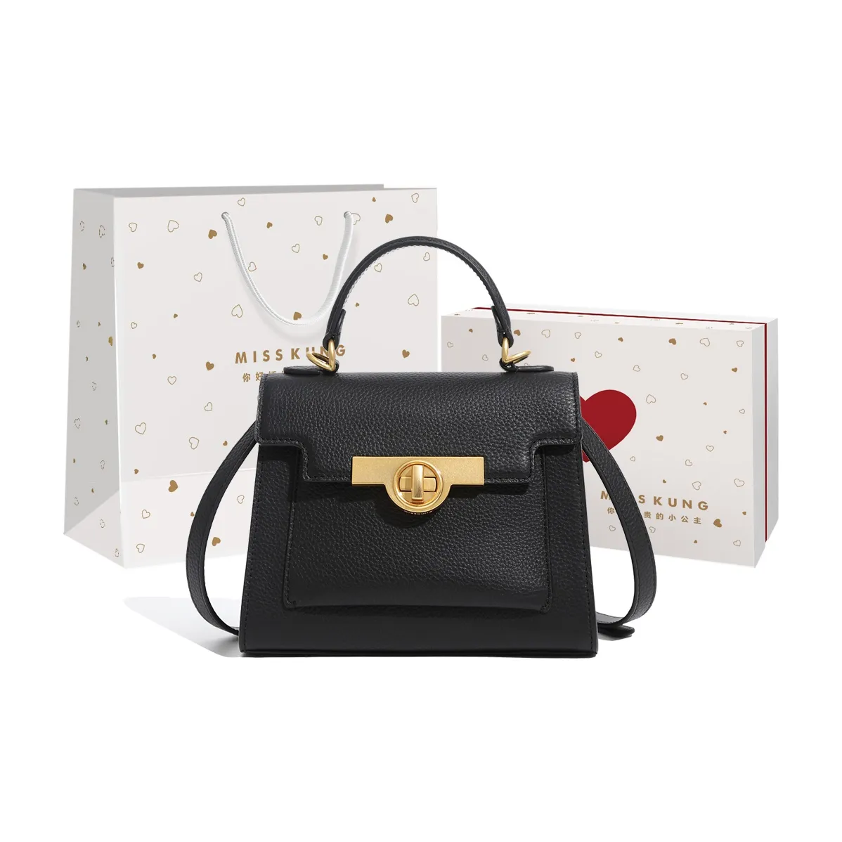 Miss Kung Cow Leather Kelly Bag One Shoulder Handbags Medium Size Women's Black
