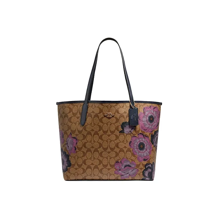 COACH City Canvas с кожаными вставками сумка-тоут сумка для покупок сумка через плечо женская коричнево-фиолетовая