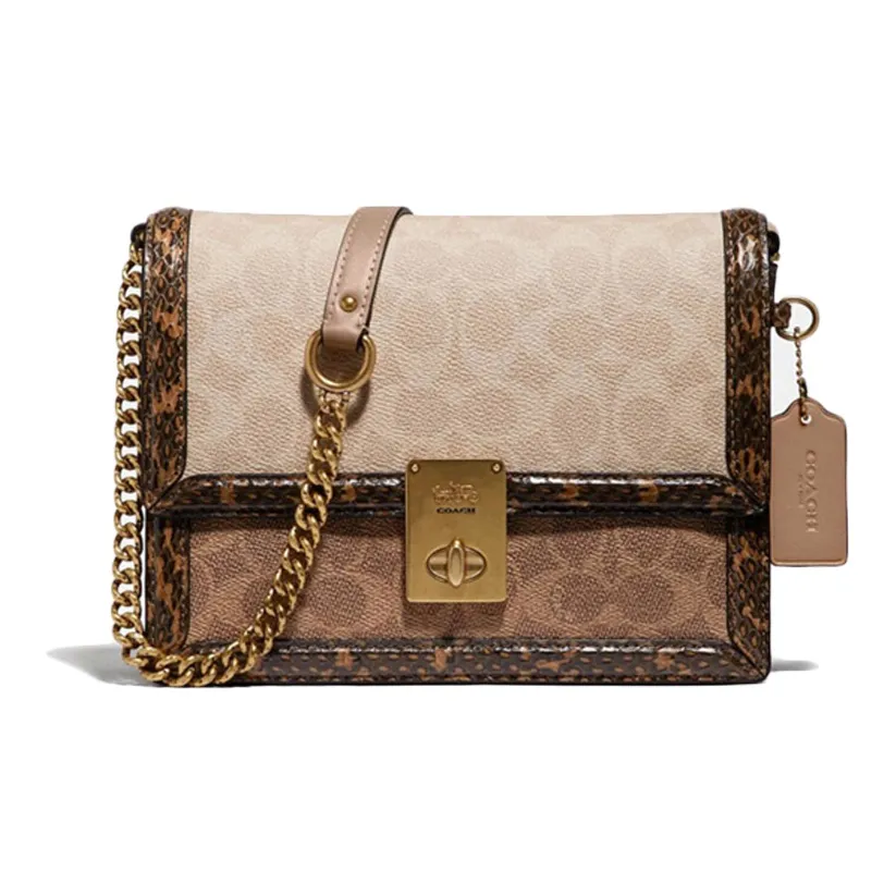 COACH Hutton Leather With Snake Skin With Coated Canvas Small Square Bag Shoulder Bag, Crossbody Bag Women's Brown