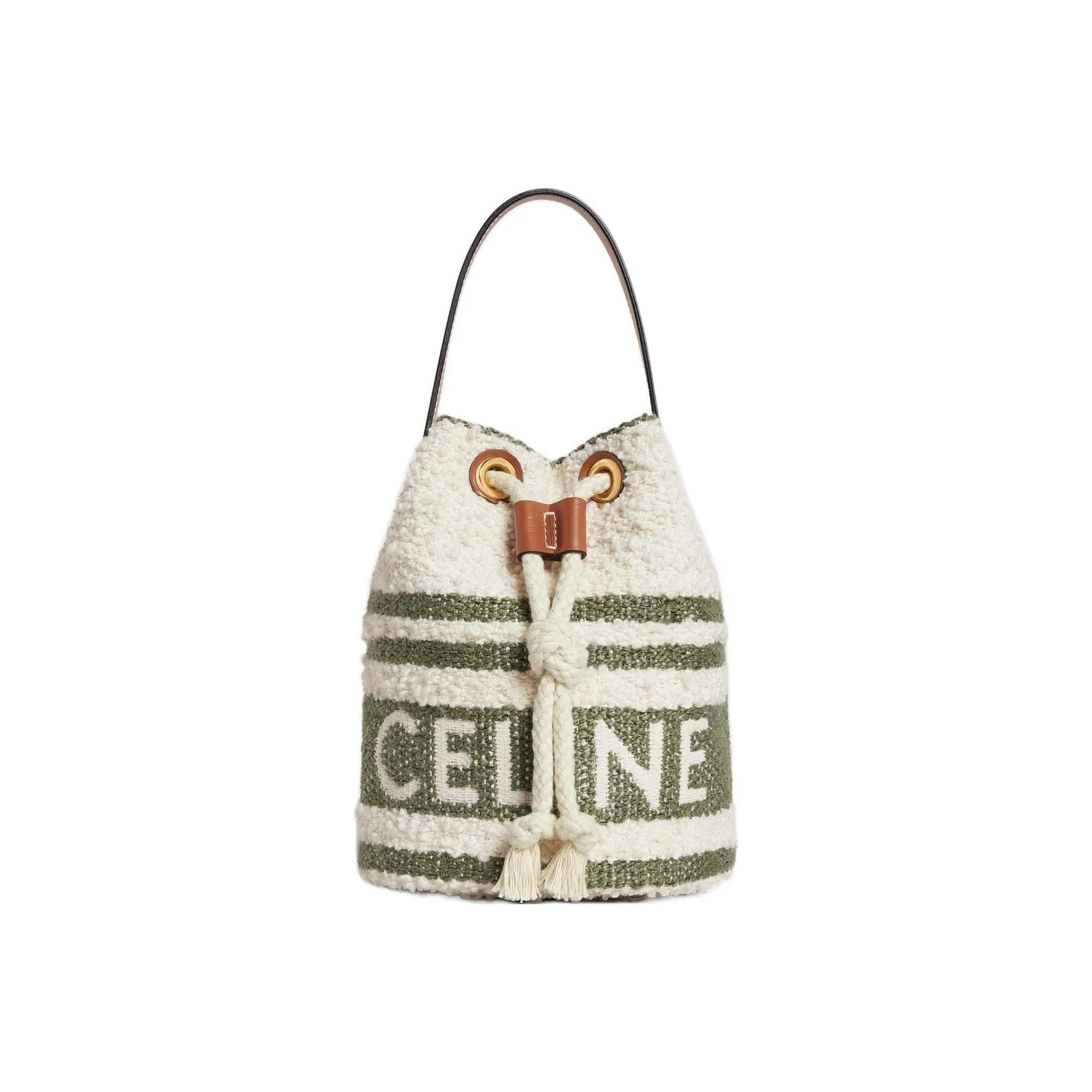 CELINE TEEN BUCKET Fabric Cow Leather Patchwork Bucket Bags Handbags Small Size Women's Khaki Green/Tan