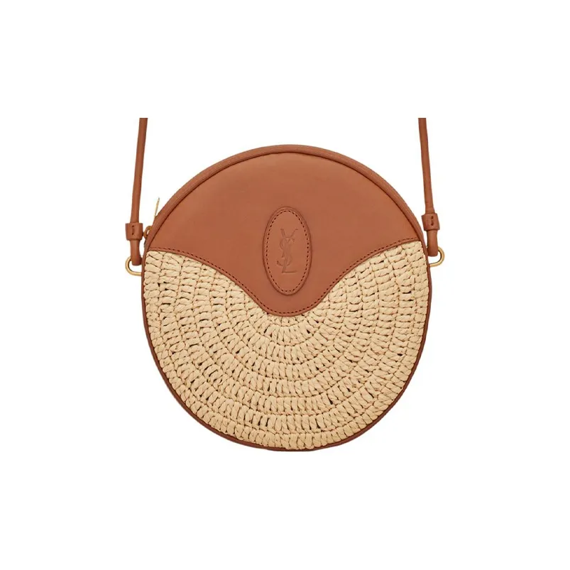 SAINT LAURENT Raffia Mixed Leather Crossbody Bag Shoulder Bag Women's Natural/Brown