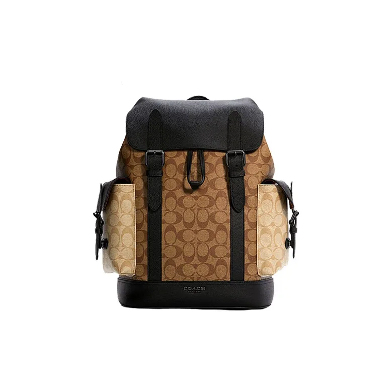 COACH Hudson Canvas With Leather Backpack Medium Size Men's Khaki Brown & Black