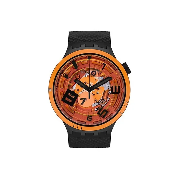 SWATCH Star Collection Кварцевый механизм Унисекс Часы 47 мм Апельсиновый циферблат Часы Пластиковый корпус Часы Силиконовый ремешок SB01B127