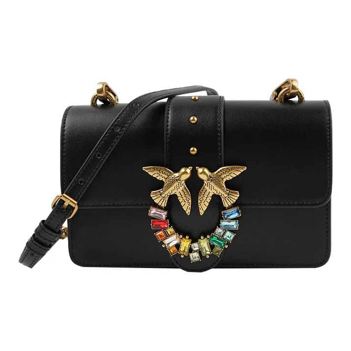 PINKO SIMPLY Коровья кожа Swallow Сумка Сумка через плечо Мини Женская Черная Черно-Золотая