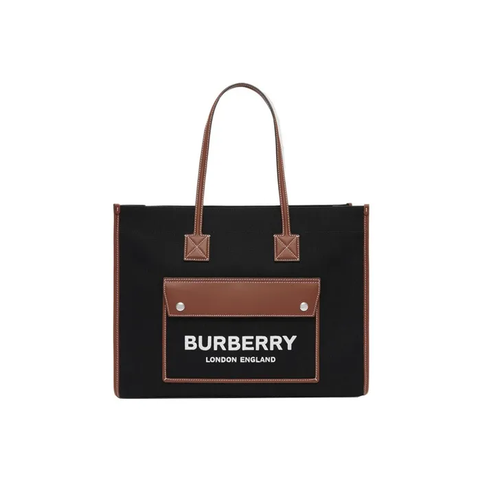 Burberry Freya Leather Cotton Tote Bag, Shopping Bag, Handbag, Shoulder Bag Women's Black