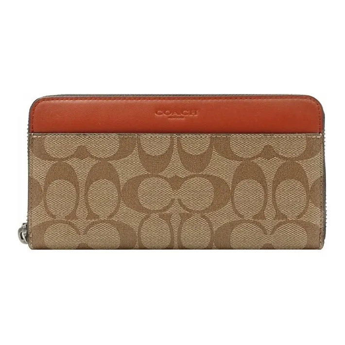 COACH Accordion Zip Wallet PVC Zipper Clutch Wallet Men's Orange & Brown Monogram