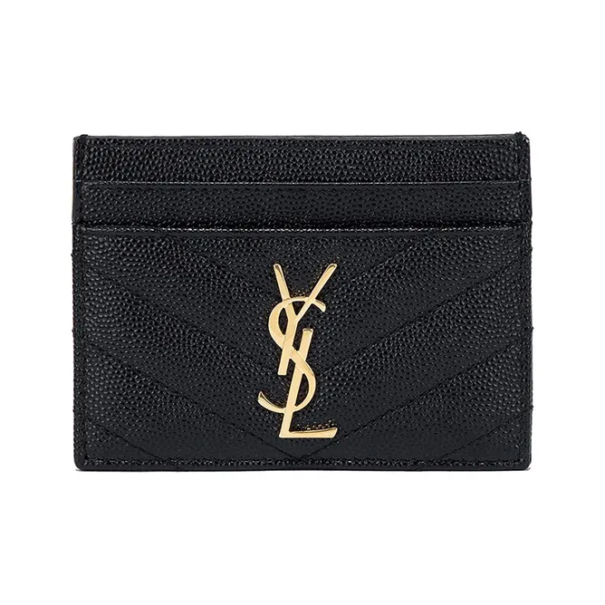 SAINT LAURENT CASSANDRE Grained Embossed Cow Leather Card Clip Card Holder Women's Black