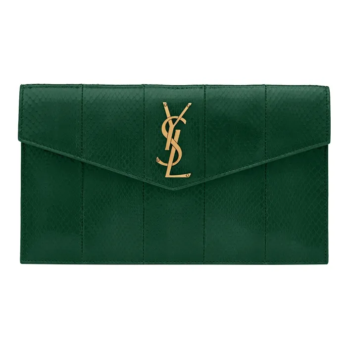 SAINT LAURENT UPTOWN Snake Skin Envelope Bag, Clutch Small Size Women's Grassland Green