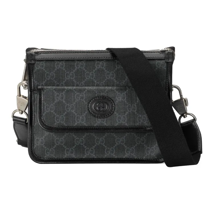 GUCCI GG Retro Series Leather Paneled Canvas Messenger Bag, Crossbody Bag, Shoulder Bag Men's Black Gray