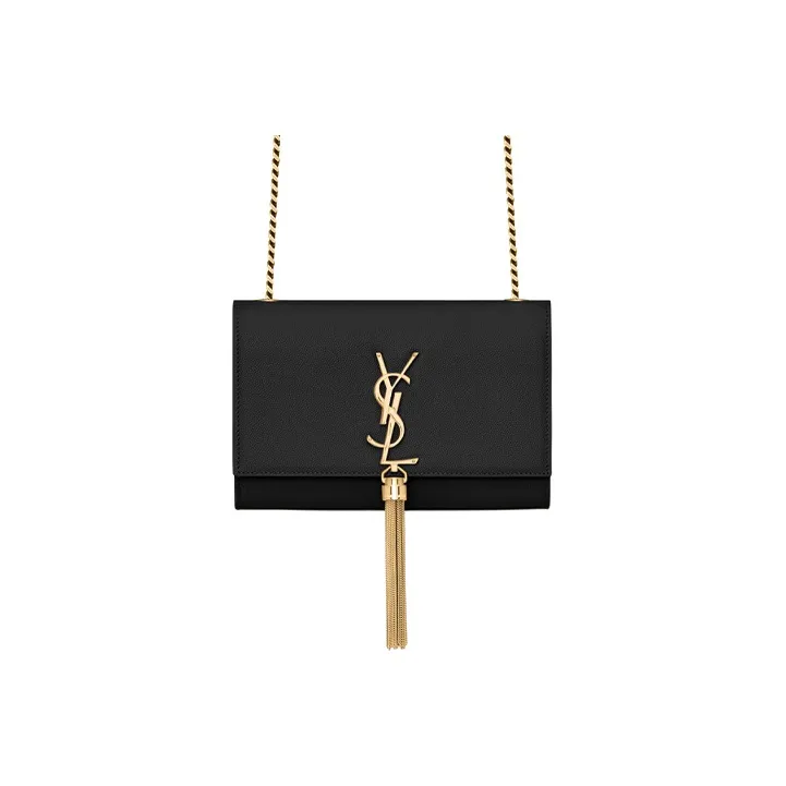 SAINT LAURENT KATE Grained Embossed Leather Tassel Bag Chain Shoulder Bag Crossbody Bag Small Size Women's Black