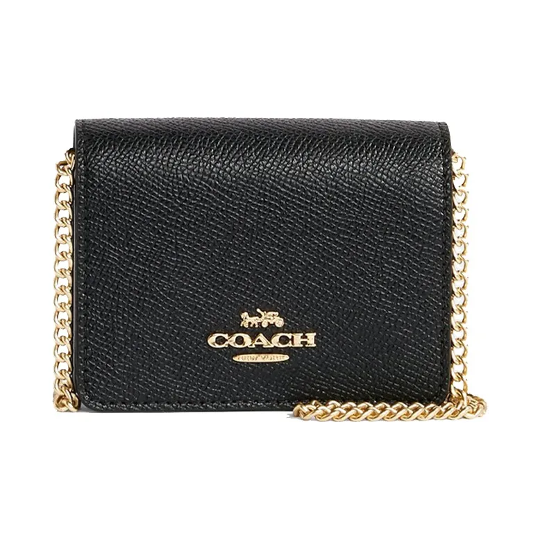 COACH Women
s Mini Leather Wallet Chain Crossbody Bag Black