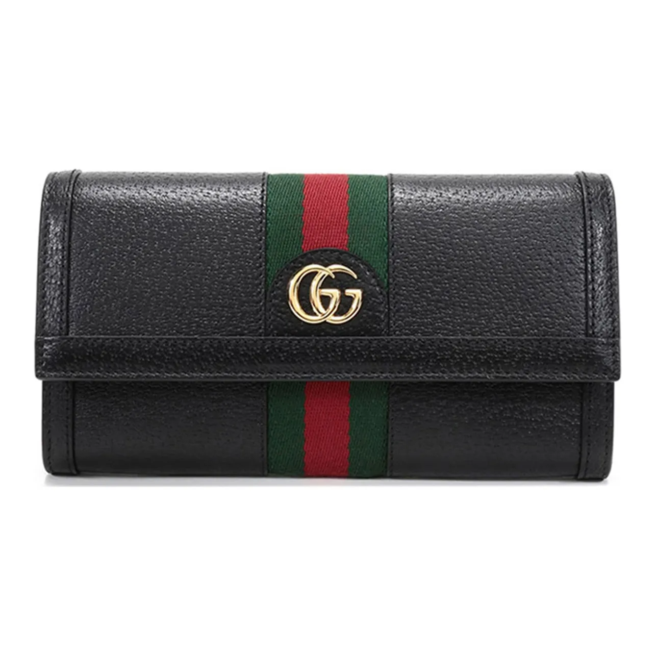GUCCI Ophidia Leather Long Flap Wallet Women's Black Red Green Stripes
