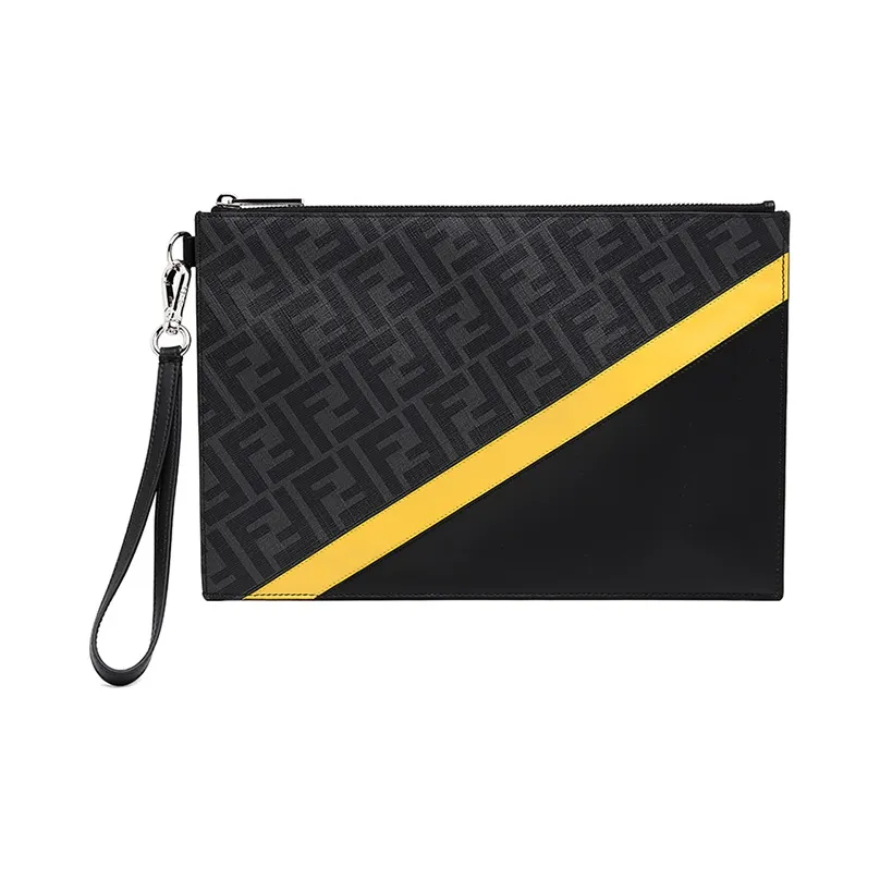 FENDI Canvas With Leather Clutch Regular Men's Black Gray Color/Yellow