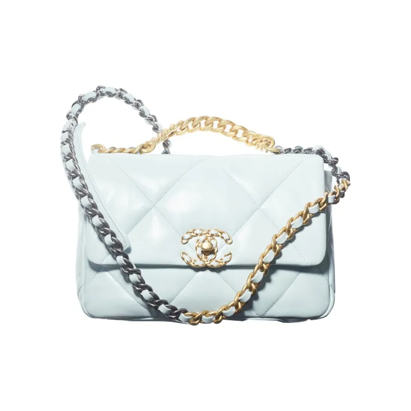CHANEL 19Bag Lambskin And Gold Metal Shoulder Bag, Crossbody Bag Women's Light Blue