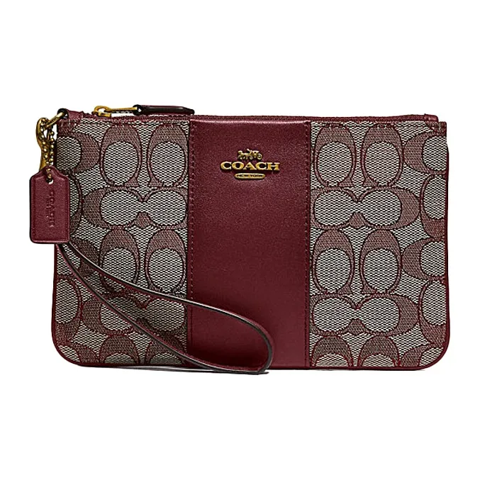 COACH Wristlet Canvas With Leather Clutch Wrist Bag Pochette Trumpets Women's Burgundy