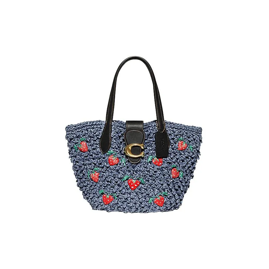 coach Sig Cellulose Material With Straw Tote Bag, Shopping Bag, Shoulder Bag, Handbag Medium Size Women's Blue