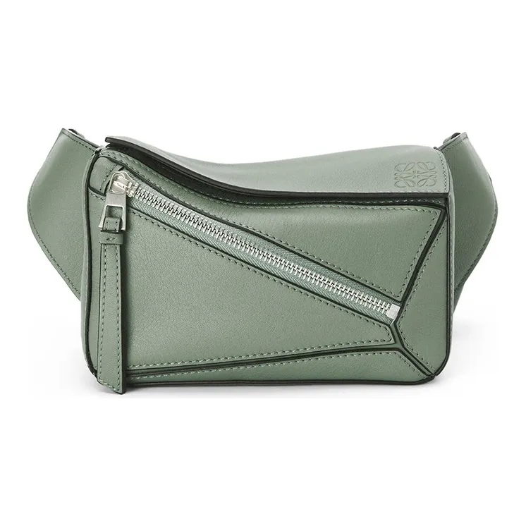 LOEWE Puzzle Smooth Calf Leather Sling Bag, Fanny Pack Mini Men's Dark Sage Green
