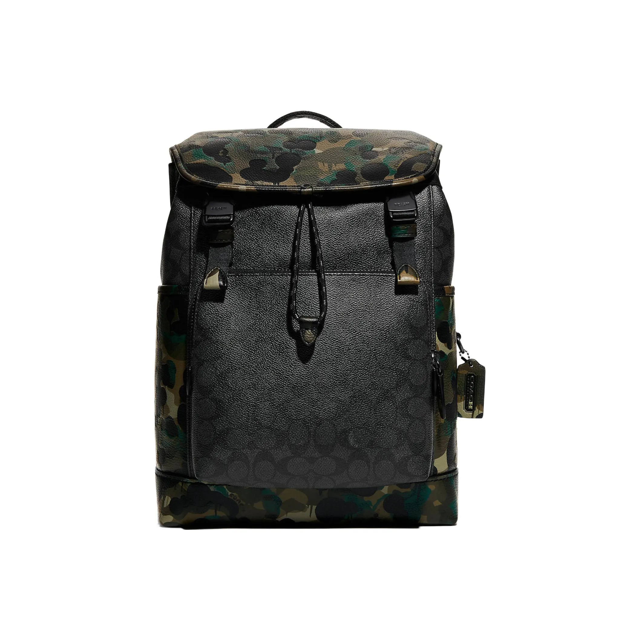 COACH Coated Canvas With Soft Pebbled Leather Backpack Large Size Men's Black Monogram With Camouflage