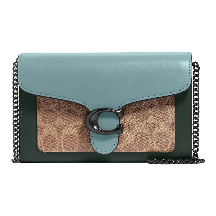 COACH Tabby Canvas With Leather Shoulder Bag, Crossbody Bag Trumpets Women's Blue & Monogram Brown & Green